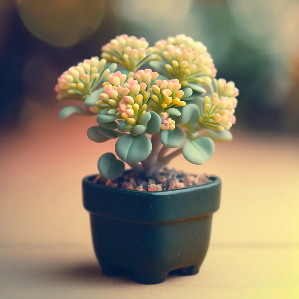 cute mini Kalanchoe plant in a pot, pastel background, depth of field f2.8 3.5, 50mm lens 